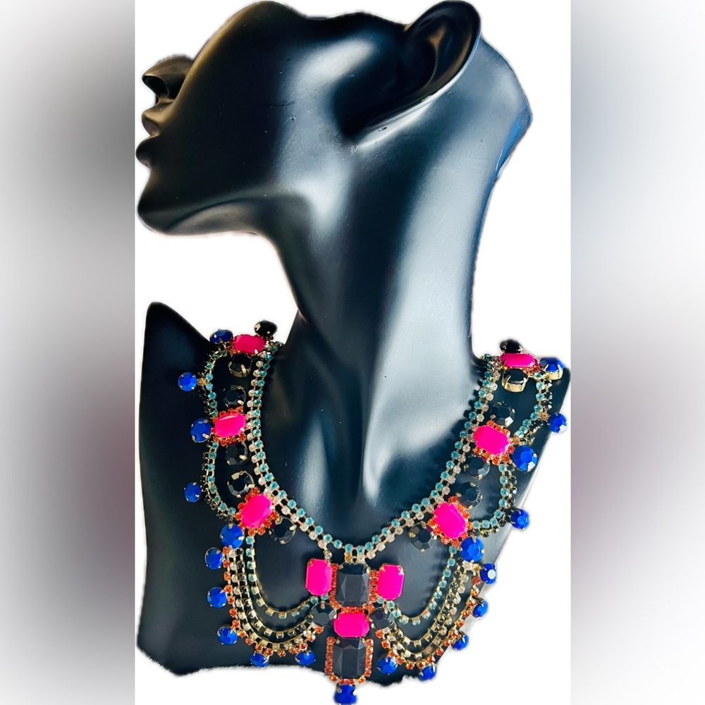 ALDO Statement Necklace with Mixed Gemstones and Rhinestones in Gold Base Tone